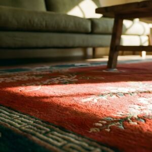 Hand Knotted Pile 1920s Rectangle Antique Floral Wool Yellow Rug (SKU 25427) - in-room detail
