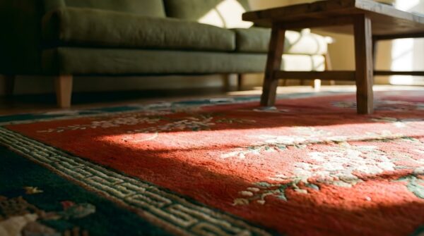 Hand knotted pile 1920s rectangle antique floral wool yellow rug 11 Hand knotted pile 1920s rectangle antique floral wool yellow rug (sku 25427) - in-room detail