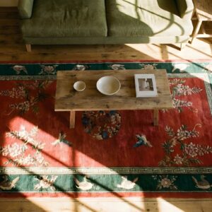 Hand Knotted Pile 1920s Rectangle Antique Floral Wool Yellow Rug (SKU 25427) - styled overhead view