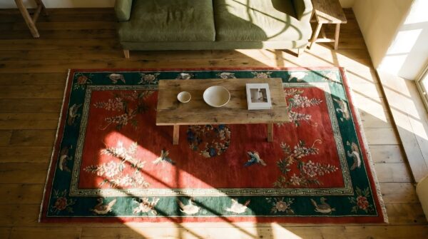 Hand knotted pile 1920s rectangle antique floral wool yellow rug 2 Hand knotted pile 1920s rectangle antique floral wool yellow rug (sku 25427) - styled overhead view