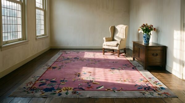 1920s rectangle purple hand knotted pile floral antique wool rug 9 1920s rectangle purple hand knotted pile floral antique wool rug (sku 25746) - room view