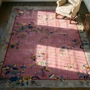 1920s Rectangle Purple Hand Knotted Pile Floral Antique Wool Rug (SKU 25746) - styled overhead view
