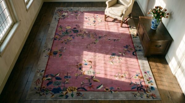 1920s rectangle purple hand knotted pile floral antique wool rug 2 1920s rectangle purple hand knotted pile floral antique wool rug (sku 25746) - styled overhead view