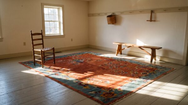 1920s antique rectangle red hand knotted chinese art deco rug (sku 24241) - room view