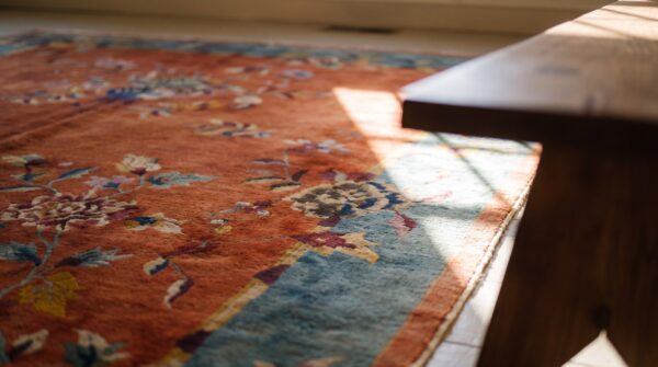 1920s antique rectangle red hand knotted chinese art deco rug (sku 24241) - in-room detail