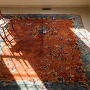 1920s Antique Rectangle Red Hand Knotted Chinese Art Deco Rug (SKU 24241) - styled overhead view