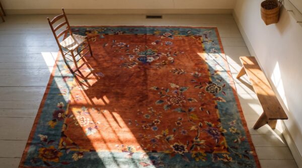 1920s antique rectangle red hand knotted chinese art deco rug (sku 24241) - styled overhead view