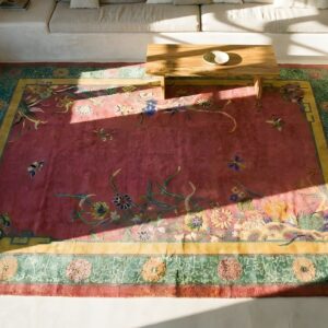 1920s Knotted Rectangle Antique Room Size Chinese Wool Purple - Art Deco Rug (SKU 25451) - styled overhead view