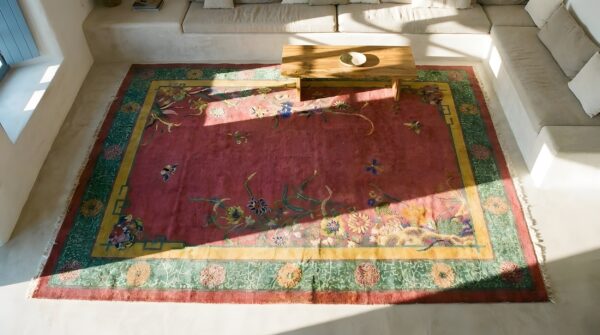 1920s knotted rectangle antique room size chinese wool purple - art deco rug 2 1920s knotted rectangle antique room size chinese wool purple - art deco rug (sku 25451) - styled overhead view