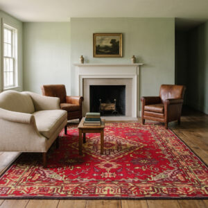 1920s Antique Donegal Rug 7'0 x 10'0 in a Bedford country house sitting room, styled visualization