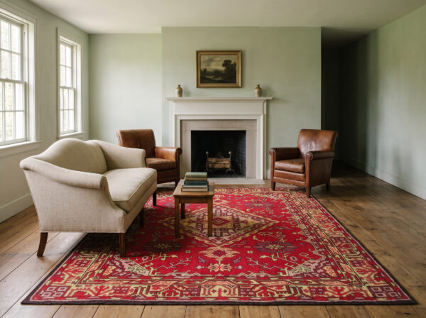 1920s red vibrant field medallion antique european donegal arts & crafts rug 2 1920s antique donegal rug 7'0 x 10'0 in a bedford country house sitting room, styled visualization