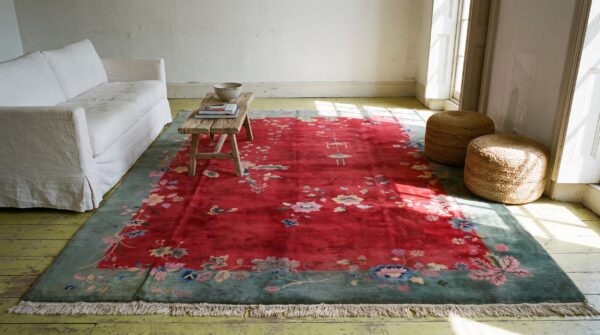 1920s antique room size chinese - art deco rectangle wool knotted red rug 6 1920s antique room size chinese - art deco rectangle wool knotted red rug (sku 22152) - room view