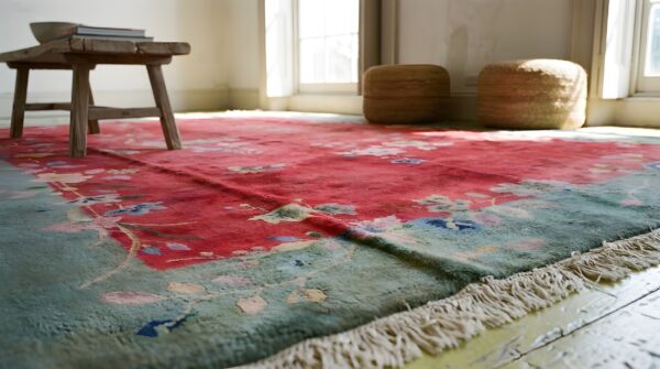 1920s antique room size chinese - art deco rectangle wool knotted red rug 7 1920s antique room size chinese - art deco rectangle wool knotted red rug (sku 22152) - in-room detail