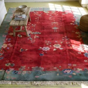 1920s Antique Room Size Chinese - Art Deco Rectangle Wool Knotted Red Rug (SKU 22152) - styled overhead view