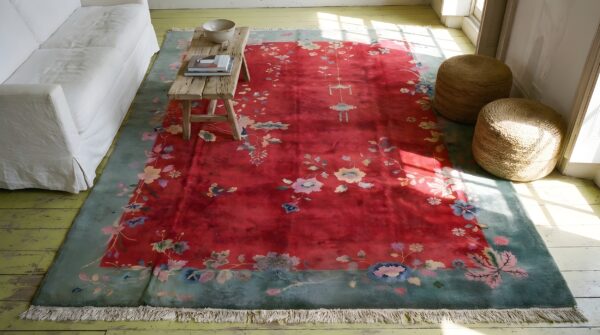 1920s antique room size chinese - art deco rectangle wool knotted red rug 2 1920s antique room size chinese - art deco rectangle wool knotted red rug (sku 22152) - styled overhead view