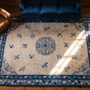 1920s Knotted Antique Room Size Ivory Chinese - Peking Rectangle Wool Rug (SKU 23317) - styled overhead view