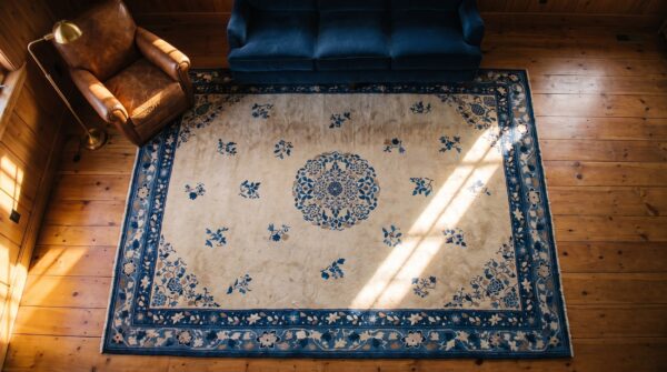 1920s knotted antique room size ivory chinese - peking rectangle wool rug (sku 23317) - styled overhead view