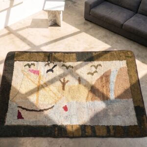 1920s Small Scatter Size American Ivory Hooked Antique Wool Rug (SKU 19799) - styled overhead view
