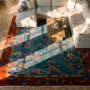 Wool 1920s Knotted Square Chinese Antique - Art Deco Room Size Rug (SKU 25798) - styled overhead view