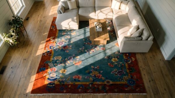 Wool 1920s knotted square chinese antique - art deco room size rug 2 Wool 1920s knotted square chinese antique - art deco room size rug (sku 25798) - styled overhead view