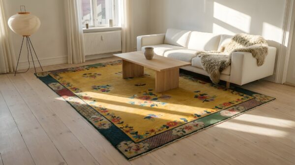 1920s wool yellow antique hand knotted pile rectangle rug 6 1920s wool yellow antique hand knotted pile rectangle rug (sku 24571) - room view