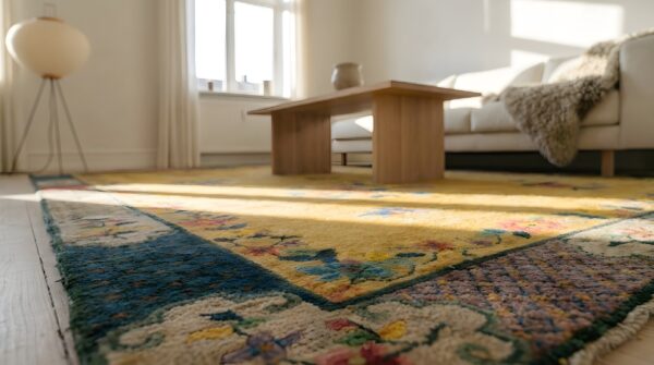 1920s wool yellow antique hand knotted pile rectangle rug 7 1920s wool yellow antique hand knotted pile rectangle rug (sku 24571) - in-room detail