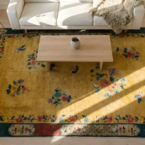 1920s Wool Yellow Antique Hand Knotted Pile Rectangle Rug (SKU 24571) - styled overhead view