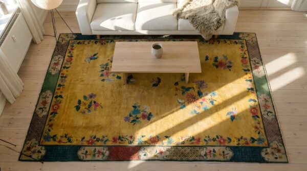 1920s wool yellow antique hand knotted pile rectangle rug 2 1920s wool yellow antique hand knotted pile rectangle rug (sku 24571) - styled overhead view
