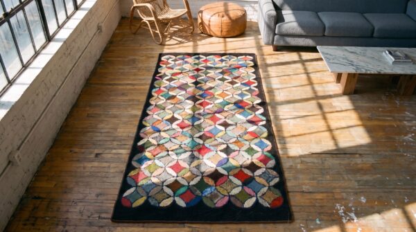 Antique 1925 american allover geometric wool hand knotted hallway runner rug 2 Antique 1925 american allover geometric wool hand knotted hallway runner rug (sku 20570) - styled overhead view