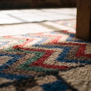 1925 Multicolor Small Scatter Size Hooked American Antique Wool Rug (SKU 20543) - in-room detail