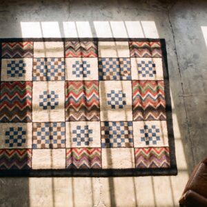 1925 Multicolor Small Scatter Size Hooked American Antique Wool Rug (SKU 20543) - styled overhead view