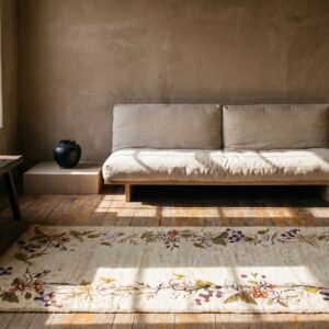 Antique 1930s American Hooked Floral Hallway Runner Rug - Ivory Beige Cream Wool (SKU 19433) - room view