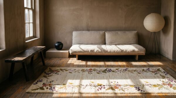Antique 1930s american hooked floral hallway runner rug - ivory beige cream wool 7 Antique 1930s american hooked floral hallway runner rug - ivory beige cream wool (sku 19433) - room view