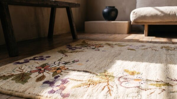 Antique 1930s american hooked floral hallway runner rug - ivory beige cream wool 8 Antique 1930s american hooked floral hallway runner rug - ivory beige cream wool (sku 19433) - in-room detail