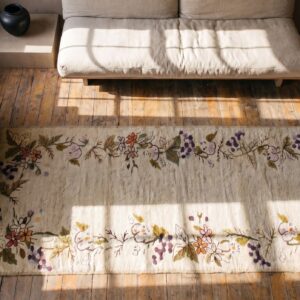 Antique 1930s American Hooked Floral Hallway Runner Rug - Ivory Beige Cream Wool (SKU 19433) - styled overhead view