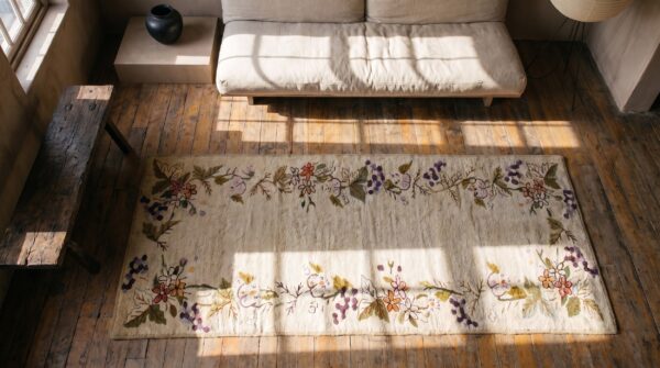 Antique 1930s american hooked floral hallway runner rug - ivory beige cream wool 2 Antique 1930s american hooked floral hallway runner rug - ivory beige cream wool (sku 19433) - styled overhead view