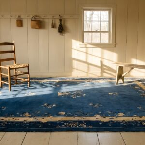 Antique 1930s Blue Rectangle Floral Wool Hand Knotted Pile Rug (SKU 25603) - room view