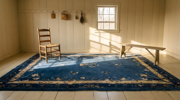 Antique 1930s blue rectangle floral wool hand knotted pile rug (sku 25603) - room view