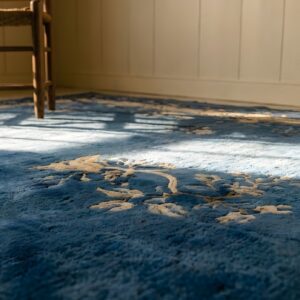 Antique 1930s Blue Rectangle Floral Wool Hand Knotted Pile Rug (SKU 25603) - in-room detail