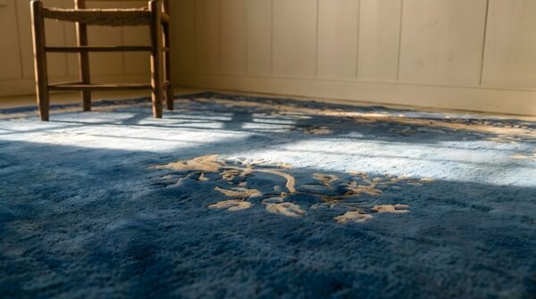 Antique 1930s blue rectangle floral wool hand knotted pile rug (sku 25603) - in-room detail