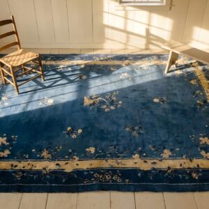 Antique 1930s Blue Rectangle Floral Wool Hand Knotted Pile Rug (SKU 25603) - styled overhead view