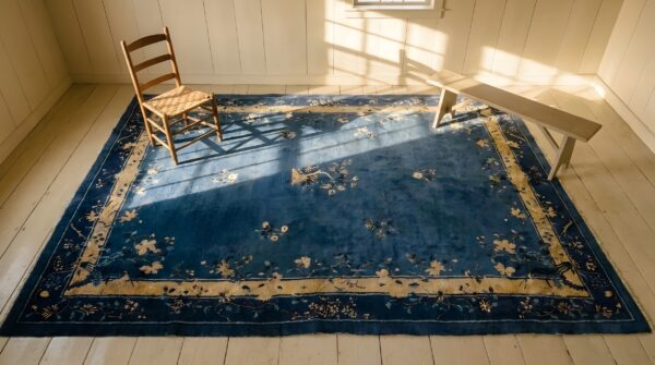 Antique 1930s blue rectangle floral wool hand knotted pile rug (sku 25603) - styled overhead view