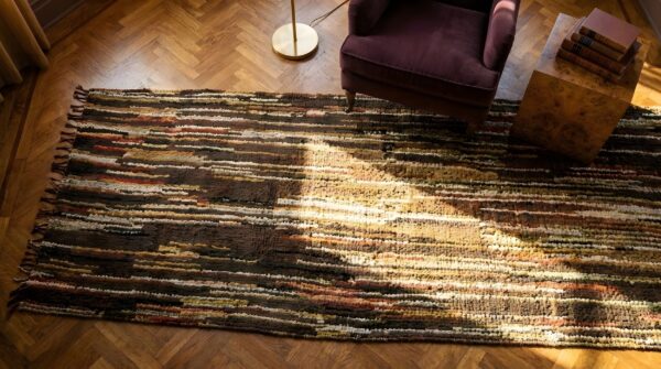 Antique 1930s braided american striped hallway runner rug 2 Antique 1930s braided american striped hallway runner rug (sku 25686) - styled overhead view