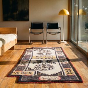 1930s Chinese Geometric Medallion Hand Knotted Pile Ivory Beige Cream White Antique Wool Rug (SKU 21984) - room view