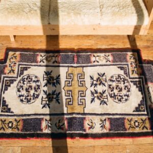 1930s Chinese Geometric Medallion Hand Knotted Pile Ivory Beige Cream White Antique Wool Rug (SKU 21984) - styled overhead view