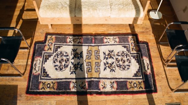 1930s chinese geometric medallion hand knotted pile ivory beige cream white antique wool rug 2 1930s chinese geometric medallion hand knotted pile ivory beige cream white antique wool rug (sku 21984) - styled overhead view