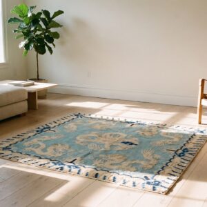 Antique 1930s Chinese Peking Blue Wool Square Rug - Small Scatter Size (SKU 22893) - room view