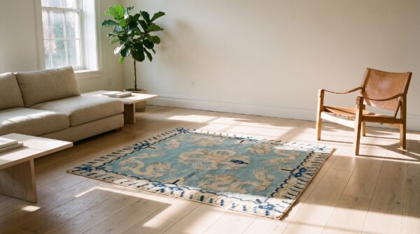 Antique 1930s chinese peking blue wool square rug - small scatter size 6 Antique 1930s chinese peking blue wool square rug - small scatter size (sku 22893) - room view