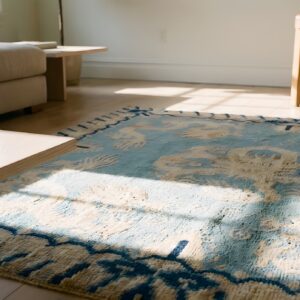Antique 1930s Chinese Peking Blue Wool Square Rug - Small Scatter Size (SKU 22893) - in-room detail