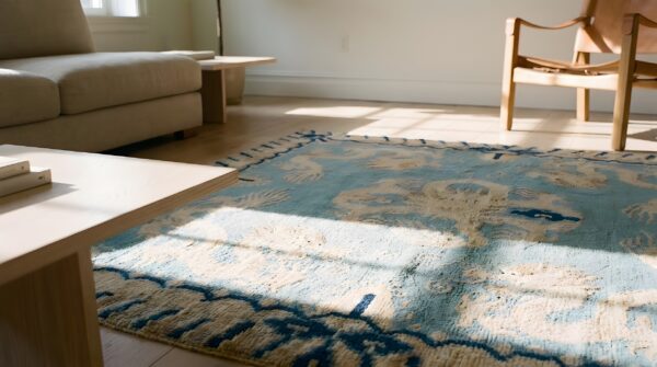 Antique 1930s chinese peking blue wool square rug - small scatter size 7 Antique 1930s chinese peking blue wool square rug - small scatter size (sku 22893) - in-room detail